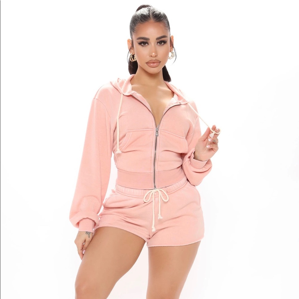 Night Appointment Zip Up Hoodie and Shorts Set Pink ✨
